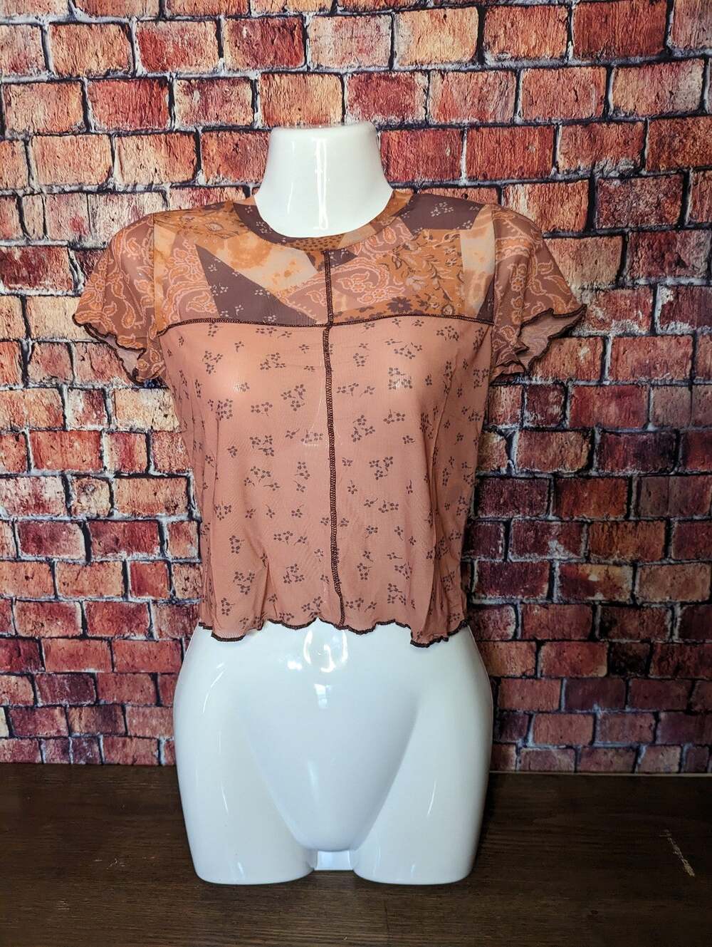NWTBP Brown Patchwork Mesh Top size XS